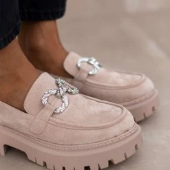 Flash Sale 👏 The Fashion Project Loafers Suede με Strass αγκράφα - Μπεζ 🧨