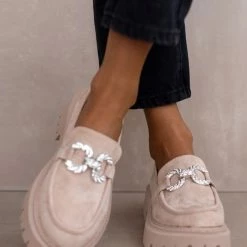 Flash Sale 👏 The Fashion Project Loafers Suede με Strass αγκράφα - Μπεζ 🧨 -Sneakers Κατάστημα loafers suede me strass agkrafa 106290 nd1b