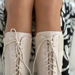 Καλύτερη πώληση 🔔 The Fashion Project Μπότες κάλτσα με κορδόνια - Μπεζ 🎉