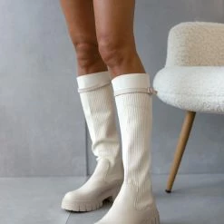 Προώθηση 🛒 The Fashion Project Μπότες κάλτσα με ζωνάκι - Μπεζ ⭐