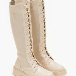 Καλύτερη πώληση 🔔 The Fashion Project Μπότες κάλτσα με κορδόνια - Μπεζ 🎉 -Sneakers Κατάστημα mpotes me elastiki gampa 105821 obp4