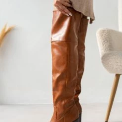 Εκπτωση 🌟 The Fashion Project Μπότες πάνω από το γόνατο με ξύλινο τακούνι - Ταμπά 👍 -Sneakers Κατάστημα mpotes panw apo to gonato me ksulino takouni 108889 nw4w