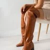 Εκπτωση 🌟 The Fashion Project Μπότες πάνω από το γόνατο με ξύλινο τακούνι - Ταμπά 👍