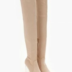 Τοπ 10 🎉 The Fashion Project Μπότες πάνω από το γόνατο με διάφανο τακούνι - Μπεζ ✔️ -Sneakers Κατάστημα mpotes suede me diafano takouni 107200 fabd