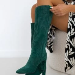 Προώθηση 🥰 The Fashion Project Μπότες Suede με φαρδύ τακούνι - Κυπαρισσί 👍 -Sneakers Κατάστημα mpotes suede me fardu takouni 106096 2lgm