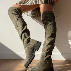 Νέος 🌟 The Fashion Project Μπότες πάνω από το γόνατο Suede - Χακί 🎁