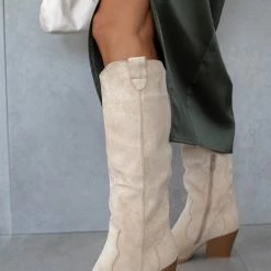 Αγορά 😍 The Fashion Project Μπότες Cowboy Suede με ραφές - Μπεζ ⭐
