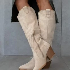 Αγορά 😍 The Fashion Project Μπότες Cowboy Suede με ραφές - Μπεζ ⭐ -Sneakers Κατάστημα mpotes western suede me rafes 108728 s873