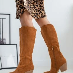 Καλύτερη πώληση 👏 The Fashion Project Μπότες Cowboy Suede με ραφές - Κάμελ 🌟