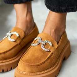 ΧΟΝΔΡΙΚΟ ΕΜΠΟΡΙΟ 🧨 The Fashion Project Loafers Suede με Strass αγκράφα - Κάμελ 💯