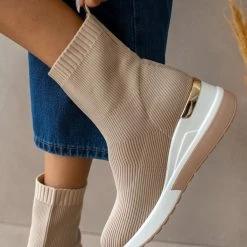 Best Pirce ⌛ The Fashion Project 👟 Sneaker μποτάκια με πλεκτό σχέδιο - Μπεζ ✨