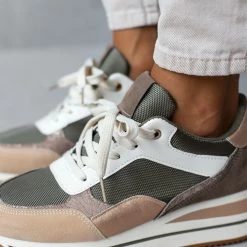 Φτηνός 😀 The Fashion Project 👟 Sneaker Flatforms με ψηλή σόλα σε συνδυασμούς υλικών - Λαδί ❤️