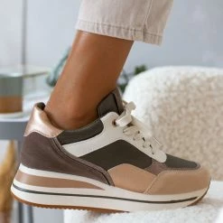 Φτηνός 😀 The Fashion Project 👟 Sneaker Flatforms με ψηλή σόλα σε συνδυασμούς υλικών - Λαδί ❤️ -Sneakers Κατάστημα sneakers me psili sola se sunduasmous ulikwn 106069 jizk